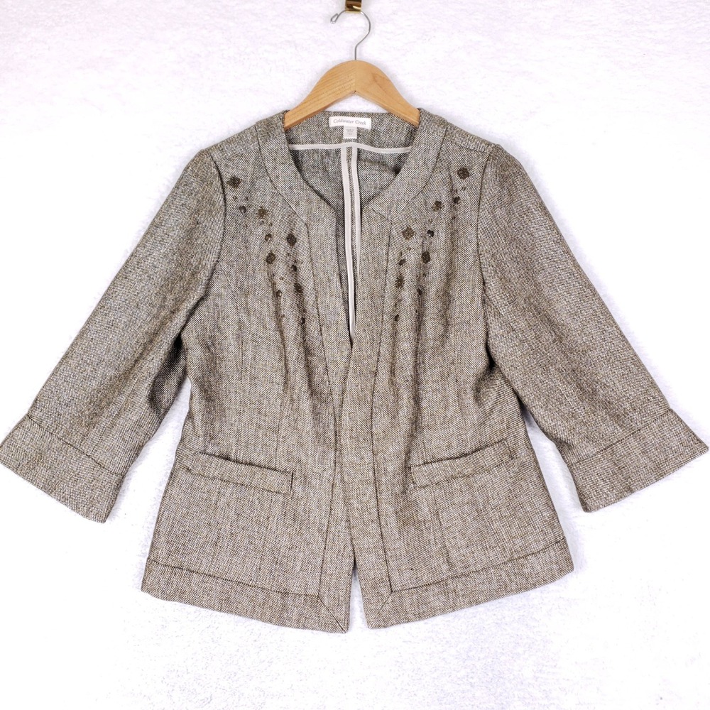 Coldwater Creek Brown Textured Embellished‎ Open Front Blazer Jacket Womens 12